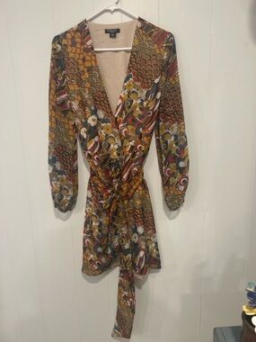 Guess by Marciano Multicolor Long Sleeve Wrap Dress - Mustard, Red, Navy